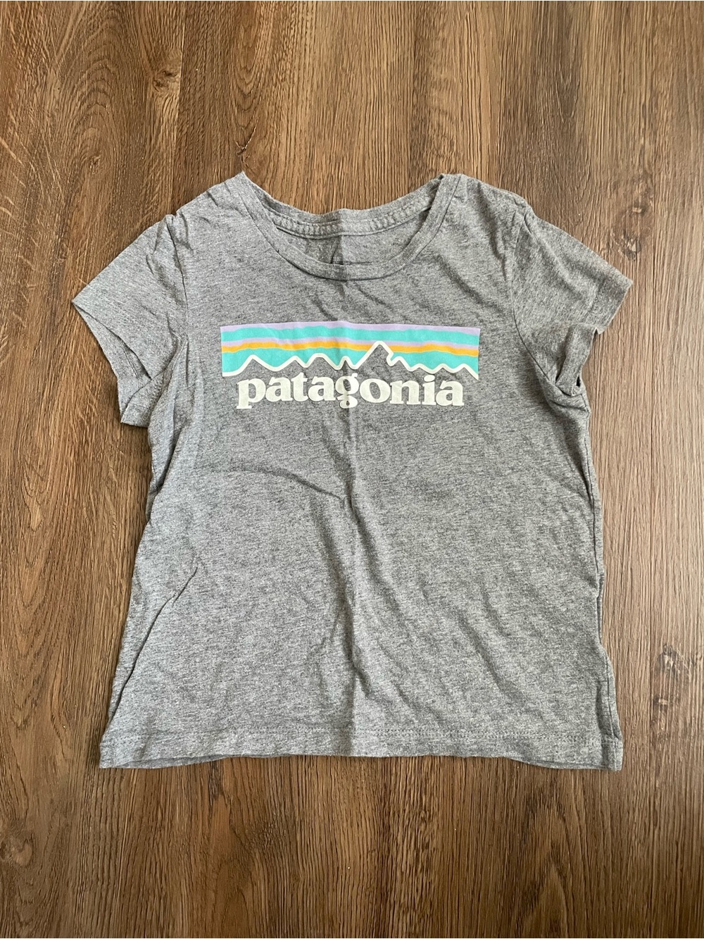 Patagonia Girls Gray Logo Tee with Multicolor Stripe Size 5-6